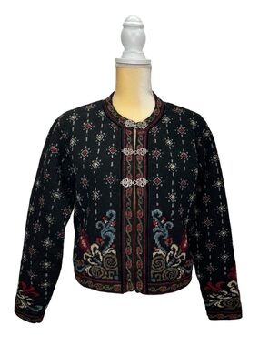 Vintage Icelandic Design Wool Cardigan Size Small Lined Black Red Olive Blue